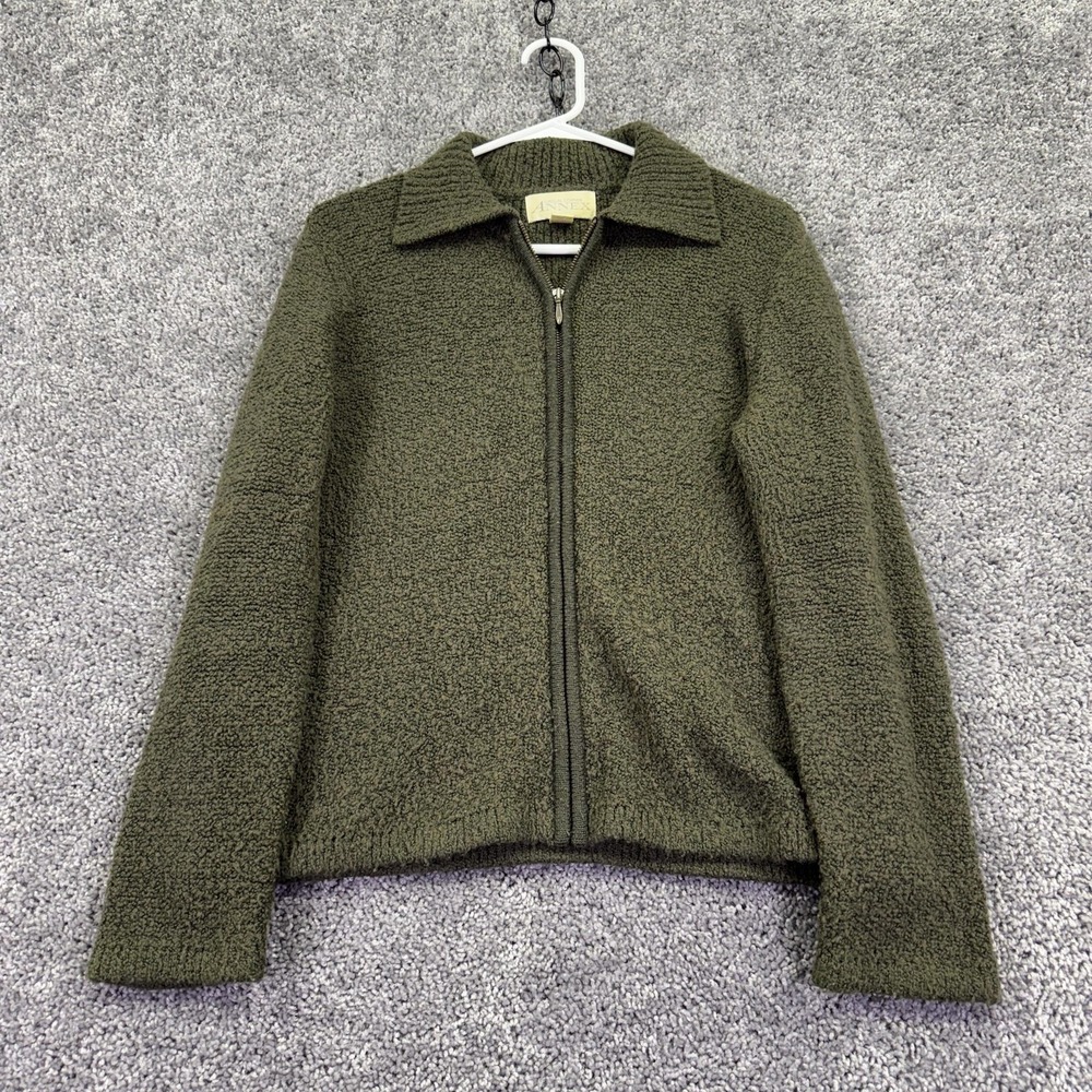 Casual Corner Annex Sweater Womens Medium Green Full Zip Collared Knit Casual